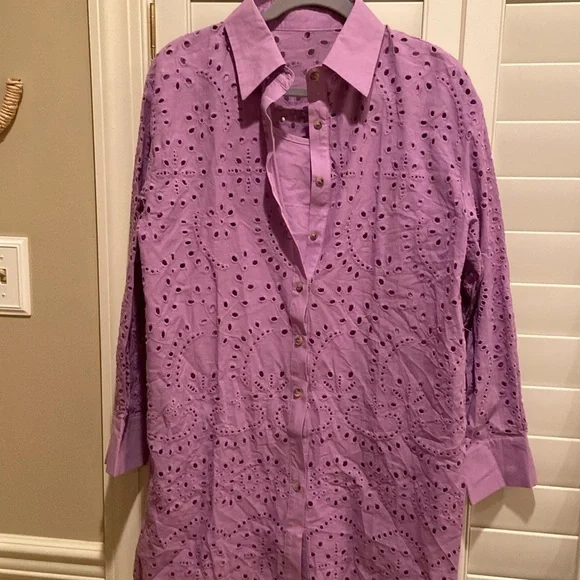 Embroidery Eyelet Shirt Dress Button Down Long Sleeve  Mini Shirt Dress new - Picture 5 of 7